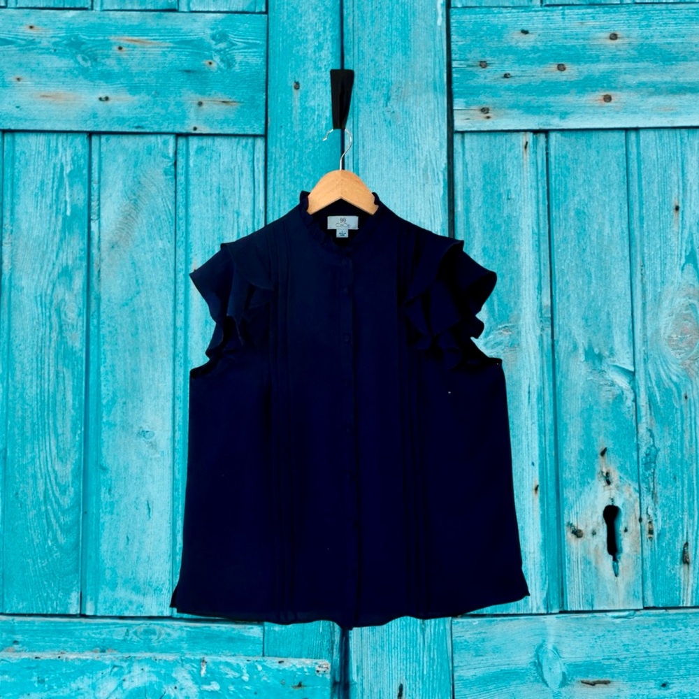 CeCe Midnight Blue Ruffle Sleeve Pleated Button‎ Up Blouse Large